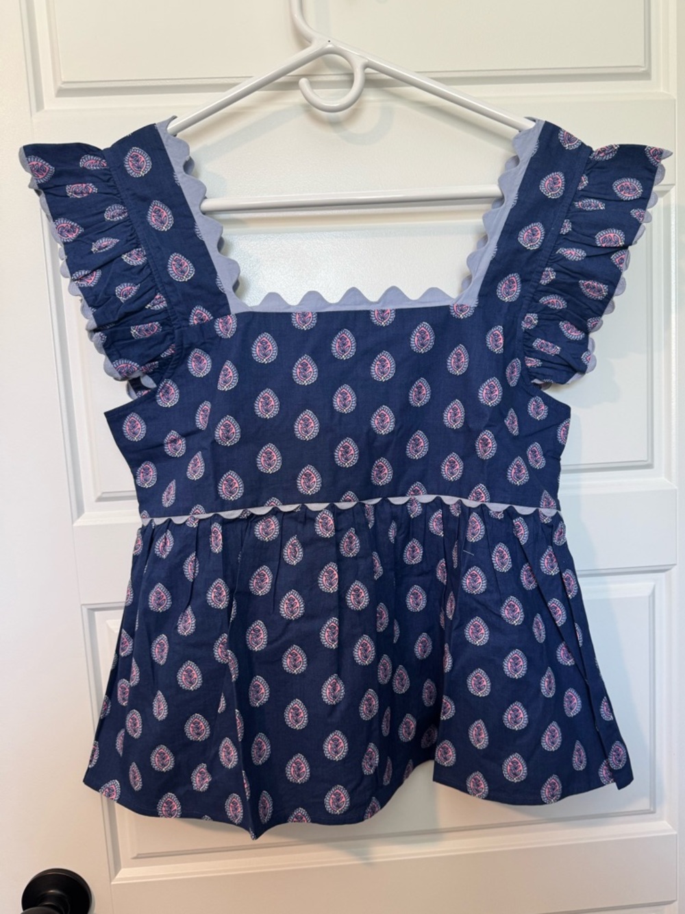 NWT Printfresh 100% Cotton Dunmore Peasant Blouse, Navy Flower Print, Size M